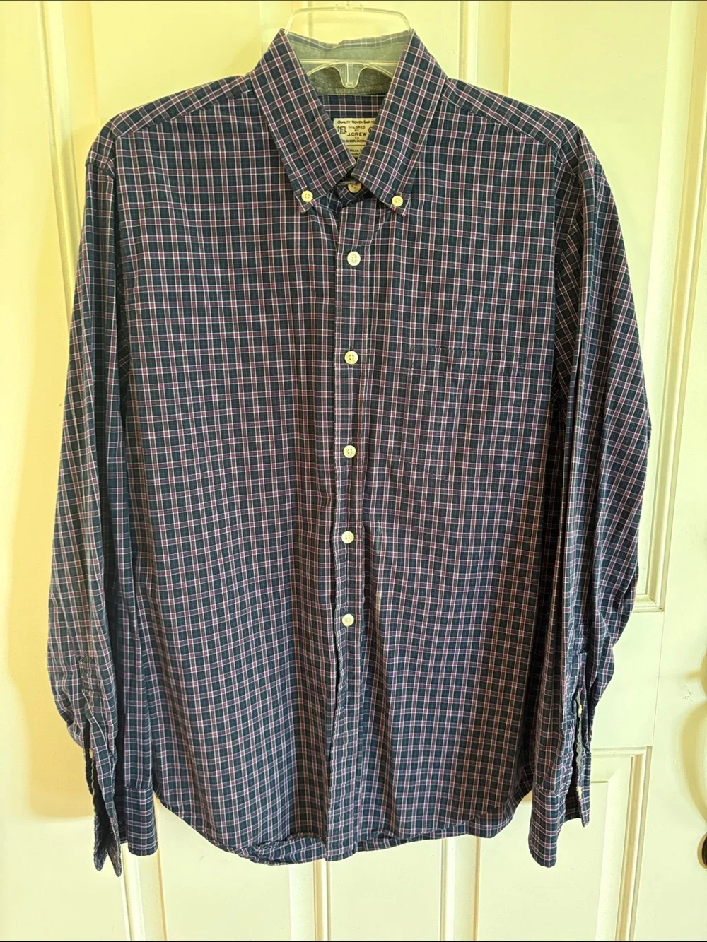 J Crew Men's Navy and Red Plaid Button-Down Shirt